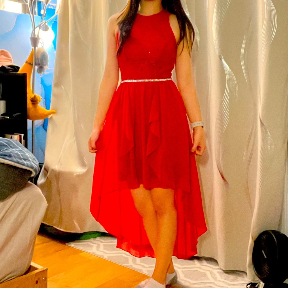 Embroidered Red Lace dress with high to low trail